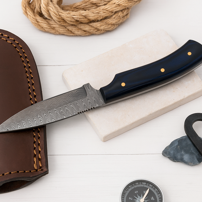 Hand-Forged Damascus Steel Fixed Blade Knife – Micarta Style Handle & Leather Sheath