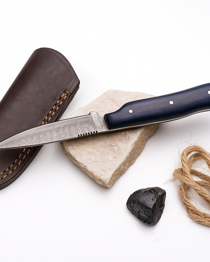 Hand-Forged Damascus Steel Fixed Blade Knife – Micarta Style Handle & Leather Sheath