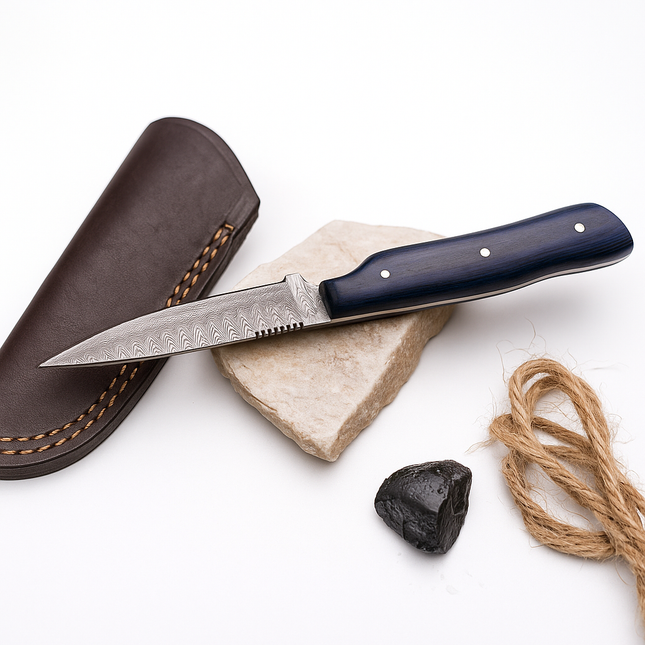Hand-Forged Damascus Steel Fixed Blade Knife – Micarta Style Handle & Leather Sheath