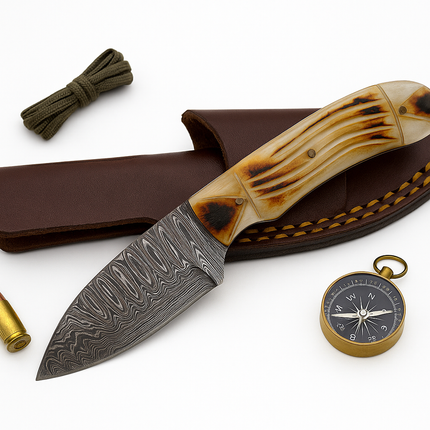 Damascus Steel Skinning – Bone Handle with Leather Sheath