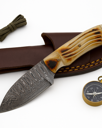 Damascus Steel Skinning – Bone Handle with Leather Sheath