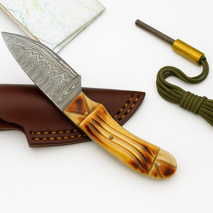 Damascus Steel Skinning – Bone Handle with Leather Sheath