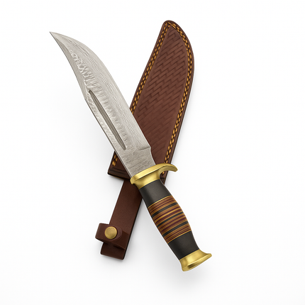 Hand-Forged Damascus Steel Bowie Knife – Stacked Leather Handle & Brass Guard