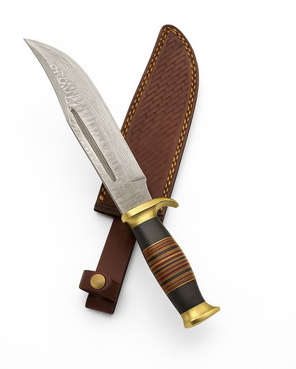 Hand-Forged Damascus Steel Bowie Knife – Stacked Leather Handle & Brass Guard