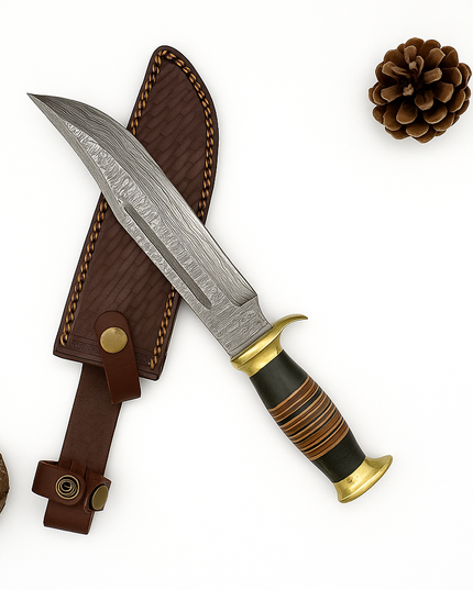 Hand-Forged Damascus Steel Bowie Knife – Stacked Leather Handle & Brass Guard