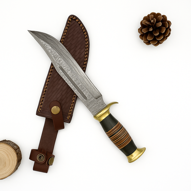 Hand-Forged Damascus Steel Bowie Knife – Stacked Leather Handle & Brass Guard