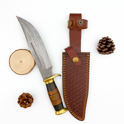 Hand-Forged Damascus Steel Bowie Knife – Stacked Leather Handle & Brass Guard