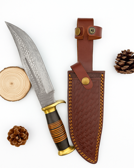 Hand-Forged Damascus Steel Bowie Knife – Stacked Leather Handle & Brass Guard