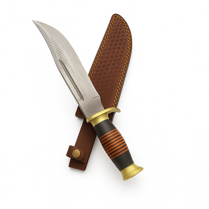 Hand-Forged Damascus Steel Bowie Knife – Stacked Leather Handle & Brass Guard
