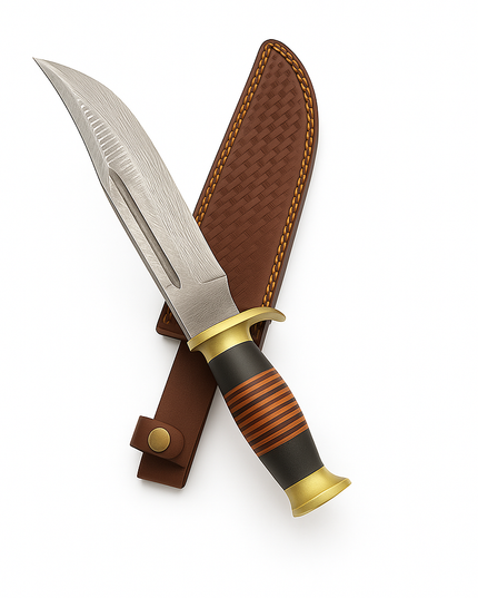 Hand-Forged Damascus Steel Bowie Knife – Stacked Leather Handle & Brass Guard