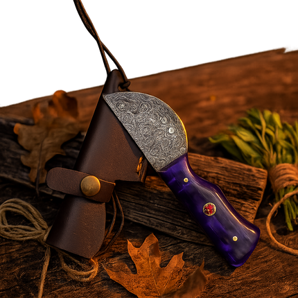 Real Damascus Steel Bushcraft Knife – Purple Resin Handle & Leather Sheath