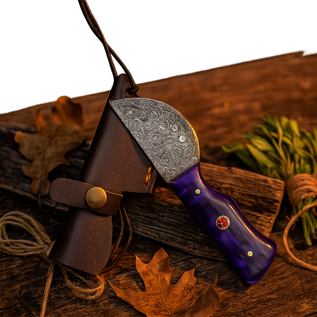 Real Damascus Steel Bushcraft Knife – Purple Resin Handle & Leather Sheath