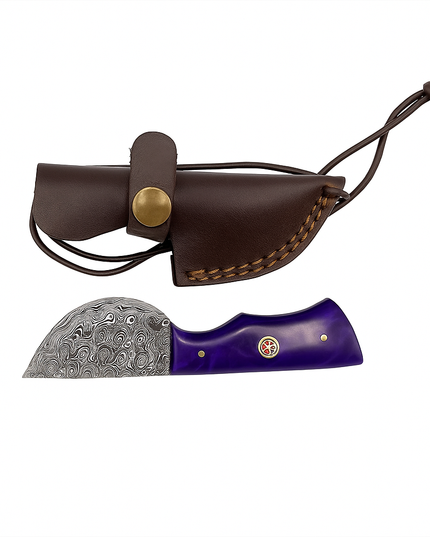 Real Damascus Steel Bushcraft Knife – Purple Resin Handle & Leather Sheath
