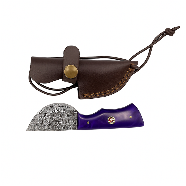 Real Damascus Steel Bushcraft Knife – Purple Resin Handle & Leather Sheath