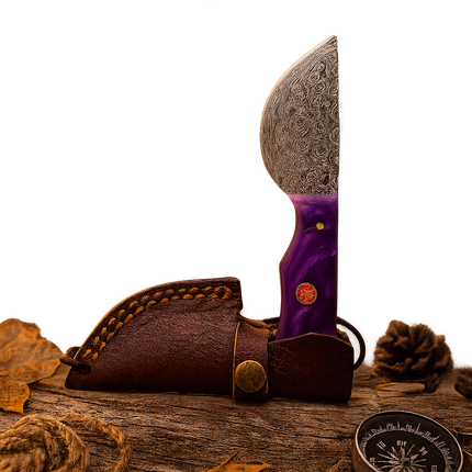 Real Damascus Steel Bushcraft Knife – Purple Resin Handle & Leather Sheath