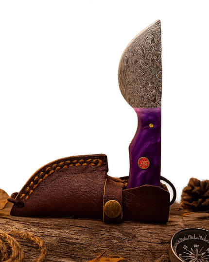 Real Damascus Steel Bushcraft Knife – Purple Resin Handle & Leather Sheath