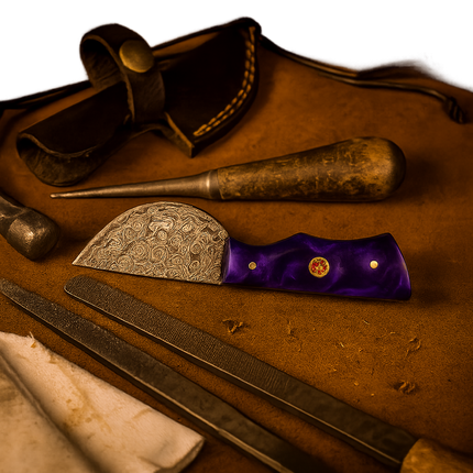 Real Damascus Steel Bushcraft Knife – Purple Resin Handle & Leather Sheath