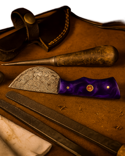 Real Damascus Steel Bushcraft Knife – Purple Resin Handle & Leather Sheath