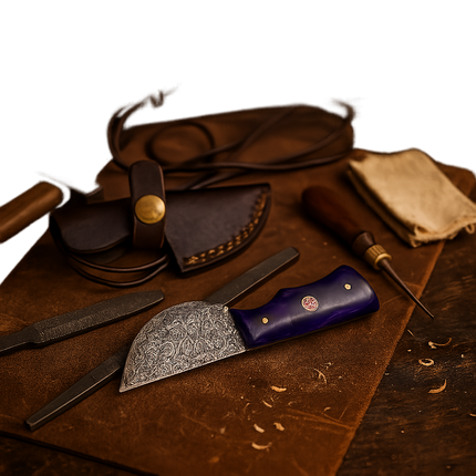 Real Damascus Steel Bushcraft Knife – Purple Resin Handle & Leather Sheath