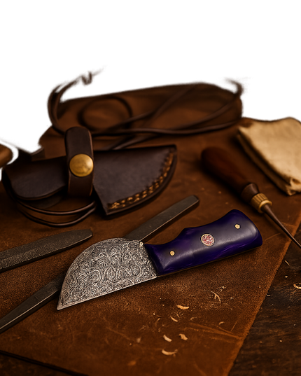 Real Damascus Steel Bushcraft Knife – Purple Resin Handle & Leather Sheath