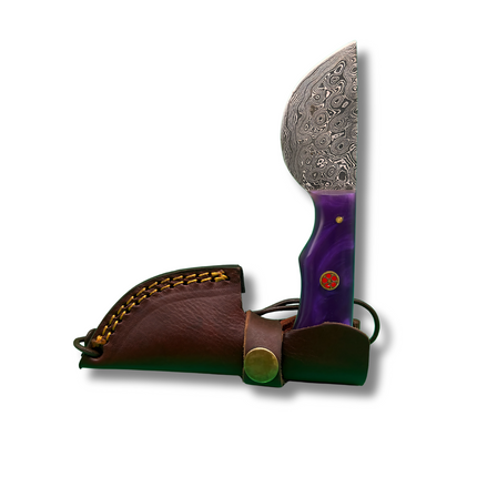 Real Damascus Steel Bushcraft Knife – Purple Resin Handle & Leather Sheath