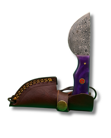 Real Damascus Steel Bushcraft Knife – Purple Resin Handle & Leather Sheath