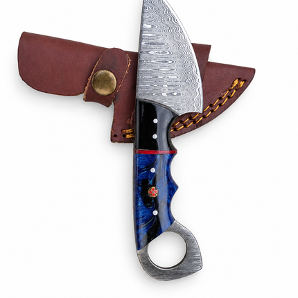 Blue Wave Damascus Utility Knife with Ring Handle & Leather Sheath TKT-39