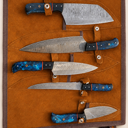 Real Damascus Steel 5-Piece Chef Knife Set with Leather Roll Blue Resin Handle