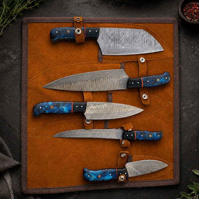 Real Damascus Steel 5-Piece Chef Knife Set with Leather Roll Blue Resin Handle