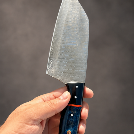 Real Damascus Steel 5-Piece Chef Knife Set with Leather Roll Blue Resin Handle