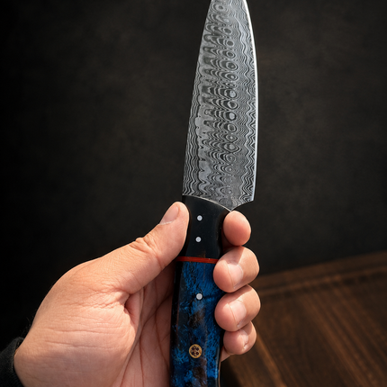 Real Damascus Steel 5-Piece Chef Knife Set with Leather Roll Blue Resin Handle