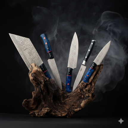 Real Damascus Steel 5-Piece Chef Knife Set with Leather Roll Blue Resin Handle