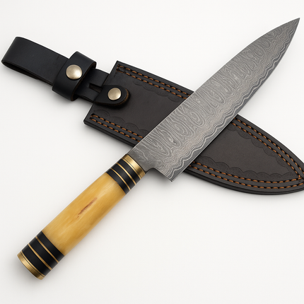 Handmade Damascus Steel Chef Knife – Bone Handle with Brass Accents & Leather Sheath