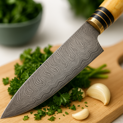 Handmade Damascus Steel Chef Knife – Bone Handle with Brass Accents & Leather Sheath