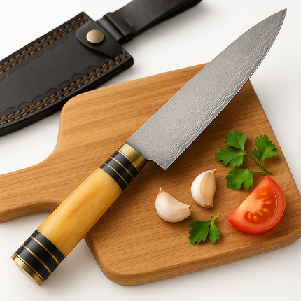 Handmade Damascus Steel Chef Knife – Bone Handle with Brass Accents & Leather Sheath