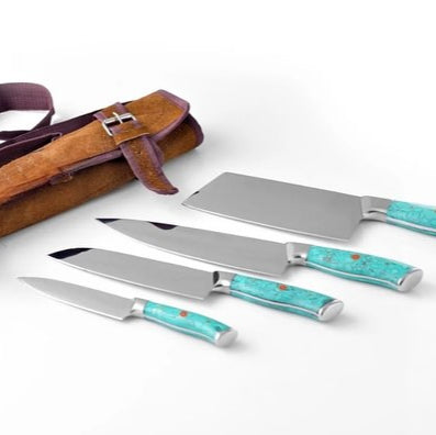 Premium 5-Piece Chef Knife Set with Leather Roll Bag – Carbon Steel Kitchen Knives