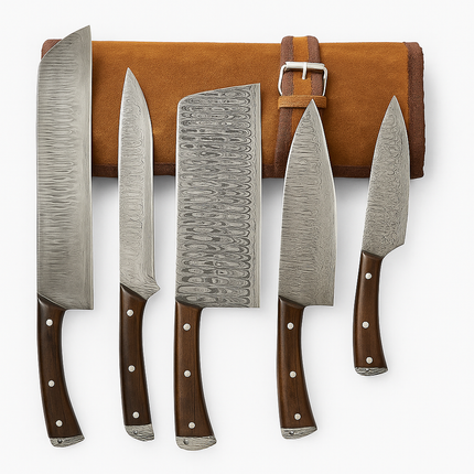 Real Damascus Steel 5-Piece Chef Knife Set with Leather Roll – Hand-Forged Professional Kitchen Knives for Precision Cooking