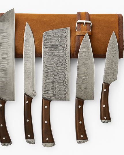 Real Damascus Steel 5-Piece Chef Knife Set with Leather Roll – Hand-Forged Professional Kitchen Knives for Precision Cooking