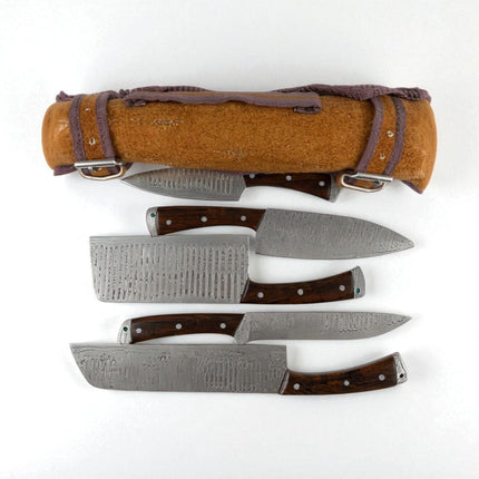 Real Damascus Steel 5-Piece Chef Knife Set with Leather Roll – Hand-Forged Professional Kitchen Knives for Precision Cooking