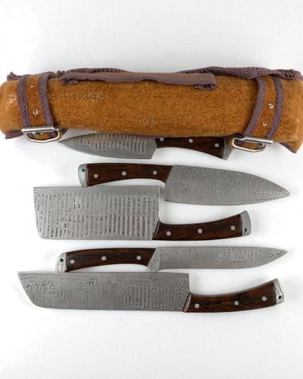 Real Damascus Steel 5-Piece Chef Knife Set with Leather Roll – Hand-Forged Professional Kitchen Knives for Precision Cooking