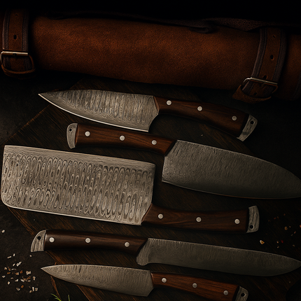 Real Damascus Steel 5-Piece Chef Knife Set with Leather Roll – Hand-Forged Professional Kitchen Knives for Precision Cooking
