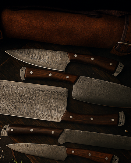 Real Damascus Steel 5-Piece Chef Knife Set with Leather Roll – Hand-Forged Professional Kitchen Knives for Precision Cooking