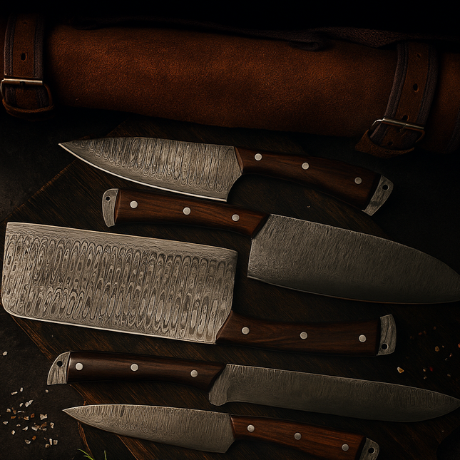 Real Damascus Steel 5-Piece Chef Knife Set with Leather Roll – Hand-Forged Professional Kitchen Knives for Precision Cooking