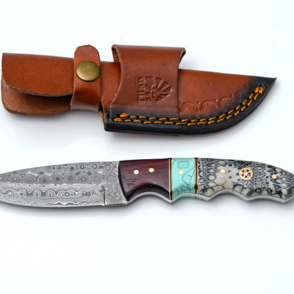 "Cobra" Hand-Forged Damascus Steel Hunting Knife with Turquoise & Honeycomb Handle - TK-508