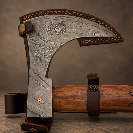 Hand-Forged Damascus Steel Bearded Axe | 1095 & 15N20 Steel | Rosewood Handle & Leather Sheath