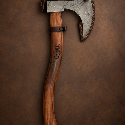 Hand-Forged Damascus Steel Bearded Axe | 1095 & 15N20 Steel | Rosewood Handle & Leather Sheath