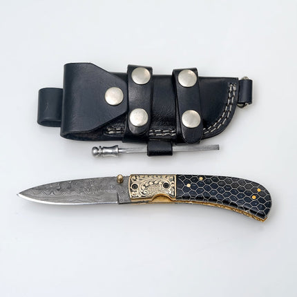 Hand-Engraved Damascus Folding Knife with Honeycomb Handle - TF-094