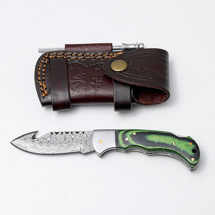 Green Micarta Damascus Gut Hook Hunting Knife TF-103