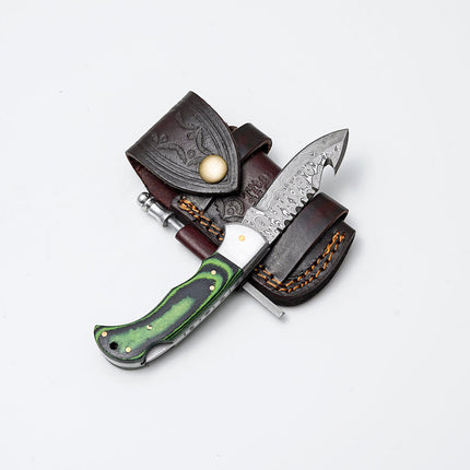 Green Micarta Damascus Gut Hook Hunting Knife TF-103