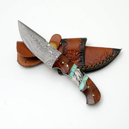 Hand-Forged Damascus Steel Field Knife | Custom Hybrid Wood & Turquoise Handle | Premium Outdoor Utility Gear TK-459
